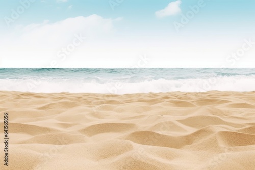 Empty sand beach in front of summer sea background with copy space, Generative AI