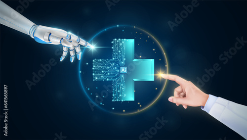 Hand of doctor and robot finger or cyborg artificial intelligence AI touching medical sign symbol blue cross. Innovative technology in science medical health care futuristic. 3D Vector.