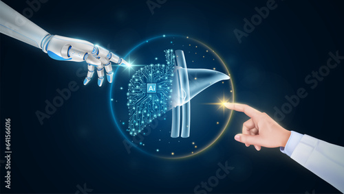 Hand of doctor and robot finger or cyborg artificial intelligence AI touching liver. Human organ virtual interface. Innovative technology in science medical health care futuristic. 3D Vector.