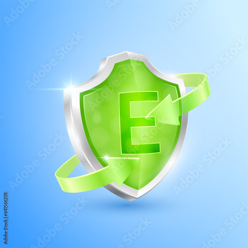 Green vitamin E shield and clear glass arrows. Symbol protection boost immunity the body stay healthy. For advertising nutrition products food. Medical health concepts. Icons 3D vector illustration.