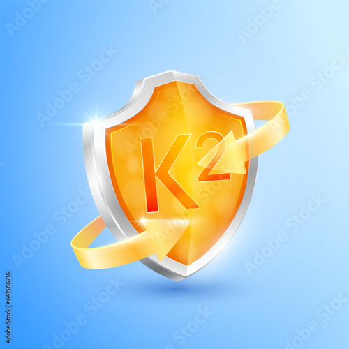 Orange vitamin K2 shield and clear glass arrows. Symbol protection boost immunity the body stay healthy. For advertising nutrition products food. Medical health concepts. Icon 3D vector illustration.