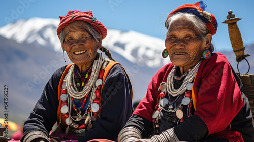 Ladakhi tribal women wearing traditional dress pose photo