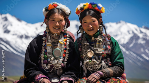 Ladakhi tribal women wearing traditional dress pose photo