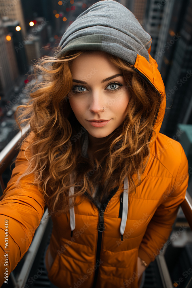 portrait photography of a woman snapping a selfie on a city building while sightseeing during fall with a busy street behind her portrait photography of a woman snapping a selfie on a city building while sightseeing during fall with a busy street behind her