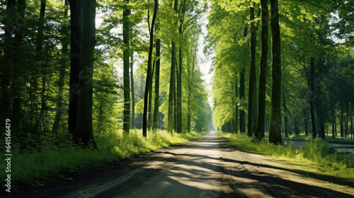 Single lane rural gravel road through the tall green linden trees. Sunlight flowing through the tree trunks. Fairy forest scene. Art, hope, heaven, wilderness, loneliness, pure nature concepts