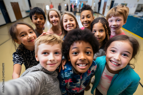 Class selfie in an elementary school. Kids taking a picture together in a co-ed school