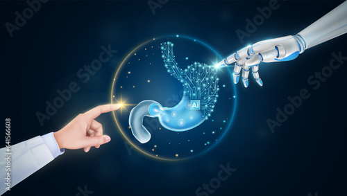 Hand of doctor and robot finger or cyborg artificial intelligence AI touching stomach. Human organ virtual interface. Innovative technology in science medical health care futuristic. 3D Vector.