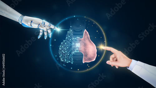 Hand of doctor and robot finger or cyborg artificial intelligence AI touching thyroid gland. Human organ virtual interface. Innovative technology in science medical health care futuristic. 3D Vector.