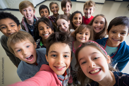 Class selfie in an elementary school. Kids taking a picture together in a co-ed school
