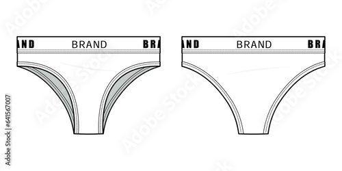 Logo Waistband brief technical fashion illustration. brief fashion flat technical drawing template. Elasticated waistband, hipster, women's sporty Underwear. front, and back view. white. CAD mockup