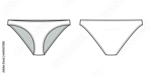 bikini panty technical fashion illustration. brief fashion flat technical drawing template. Elasticated waistband, women's sporty Underwear. front, and back view. white. CAD mockup