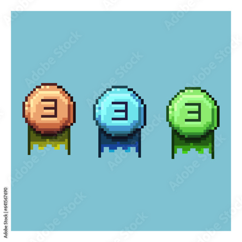 Pixel Art of medal ranking three . bronze,blue,and green ranking three cup on pixelated style. Perfect for game developer who need medal assets for his game, and designer who's need pixelated medals