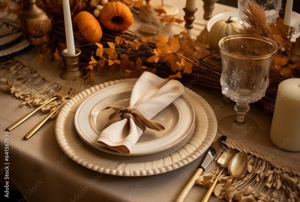 Naklejka premium Thanksgiving table setting with pumpkins, generative ai image of elegant dining arrangement.