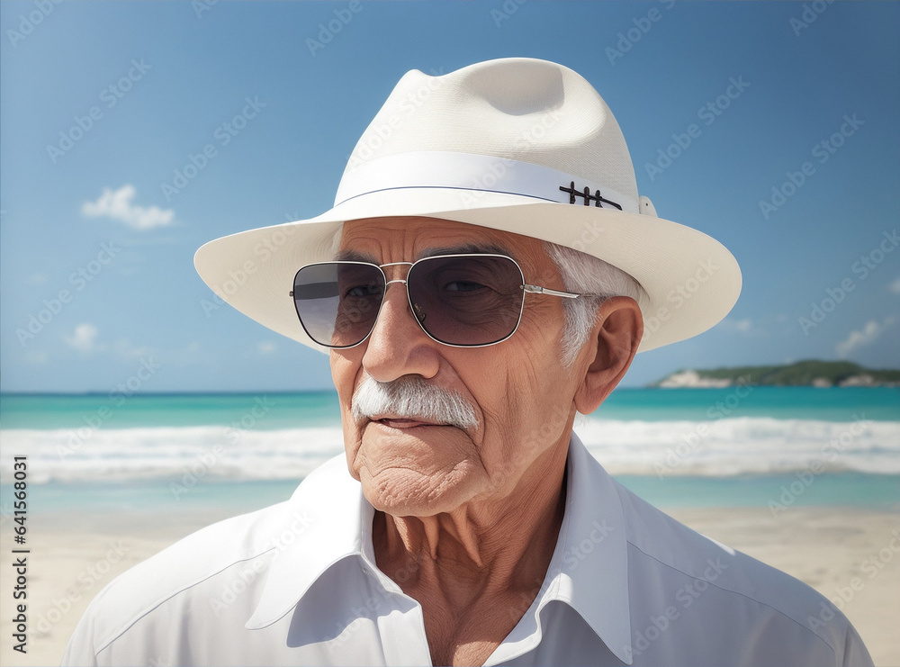 Picture a elder man wearing sunglasses and a white hat on a beach. Generative AI.
