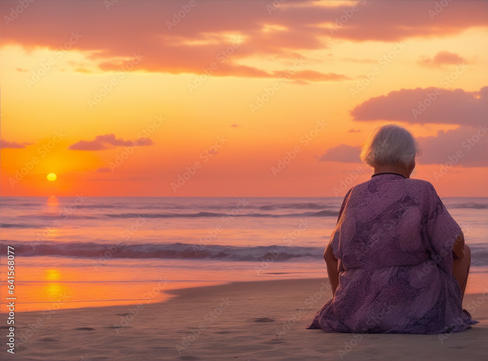 An elder woman sit backwards on the beach watching the sunset with dramatic set. Generative AI.