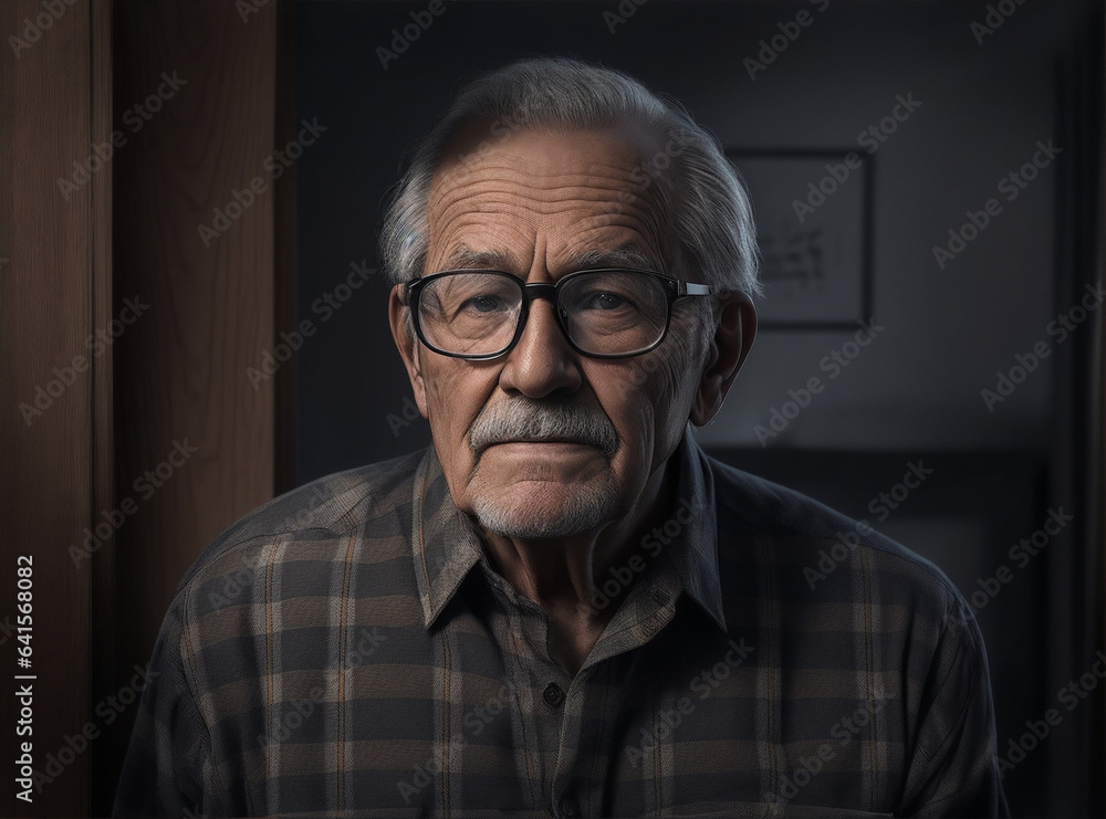 Elder man with glasses and a plaid shirt sits in a dark room. Generative AI. Elder man with glasses and a plaid shirt sits in a dark room. Generative AI.