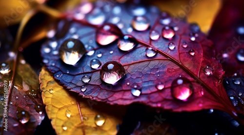Autumn colorful leaves with beautiful rain or dew drops, generative ai.