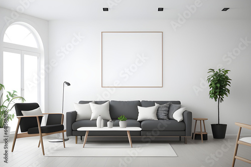 empty frame mock up in the background of modern interior, living room, Scandinavian style, 3D render, 3D illustration