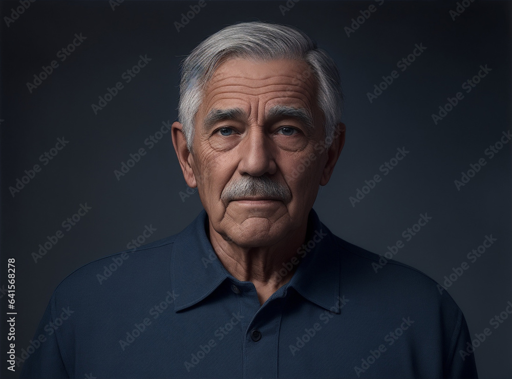 Elder man with grey hair and a blue shirt stands in front of a dark background. Generative AI.