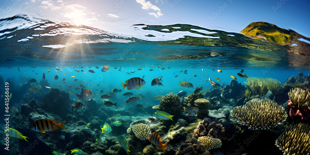 lots of colourful marine fish swimming above a coral reef