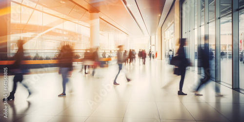 blurred business people walking at a trade fair, conference or walking in a modern hall