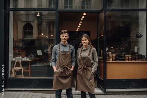 Wallpaper Mural Small business owners, generative ai couple partners at front entrance of their new business. Torontodigital.ca