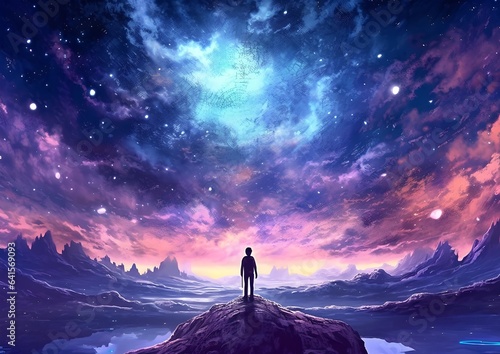 Dreamer man looking at fantasy sky, generative ai.