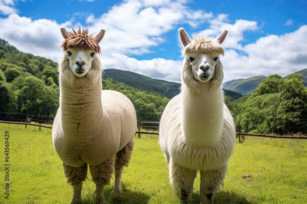 A pair of llamas in the green pasture