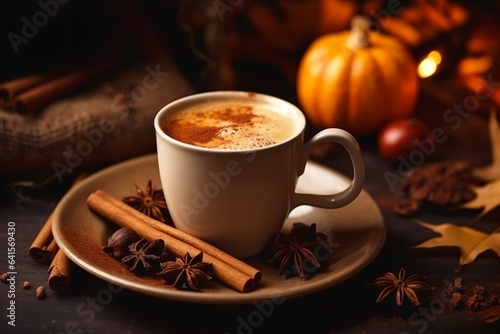 Pumpkin latte  generative ai picture of delicious autumn drink with traditional spices.