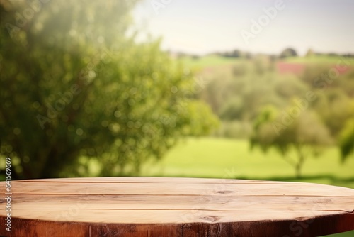 Empty rustic table in front of countryside background. product display and picnic concept, Generative AI © Frame Fusion