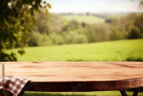 Empty rustic table in front of countryside background. product display and picnic concept  Generative AI