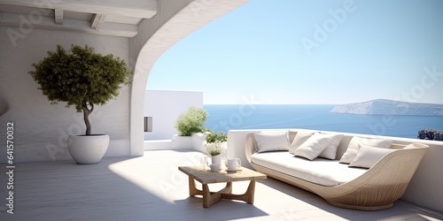 Luxury apartment terrace Santorini Interior of modern living room sofa or couch with beautiful sea view. Generative AI, Generative AI