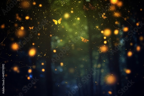 Abstract and magical image of Firefly flying in the night forest. Fairy tale concept  Generative AI