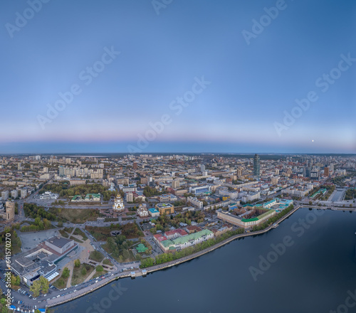 Embankment of the central pond and Plotinka. The historic center of the city of Yekaterinburg, Russia, Aerial View