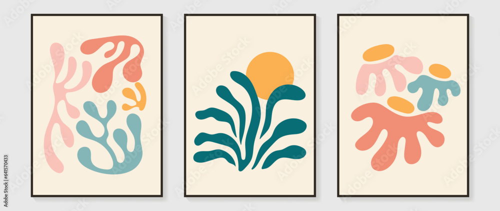 Set of abstract wall art vector background. Wall decor design with colorful, organic shapes, flower, coral, leaves. Abstract painting for wall decoration, interior, prints, cover, and postcard. Set of abstract wall art vector background. Wall decor design with colorful, organic shapes, flower, coral, leaves. Abstract painting for wall decoration, interior, prints, cover, and postcard.