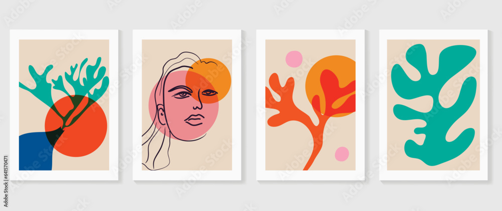 Abstract vintage wall art background vector. Collection of organic shapes, woman portrait, leaf, foliage, vase, line art. Trendy poster set for wall decoration, interior, wallpaper, banner.