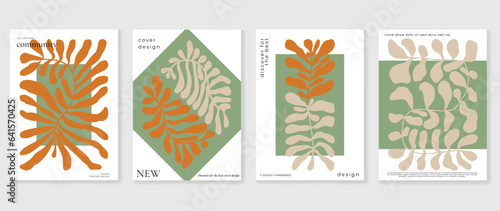 Set of abstract wall art vector background. Wall decor design with earth tone color, organic shapes, leaves branch. Abstract painting for wall decoration, interior, prints, cover, and postcard.