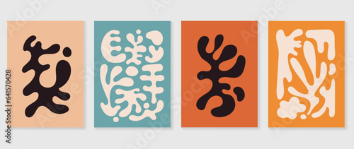 Set of abstract wall art vector background. Wall decor design with earth tone color, organic shapes, flower, coral, leaves. Abstract painting for wall decoration, interior, print, cover, and postcard.