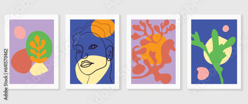 Wallpaper Mural Abstract vintage wall art background vector. Collection of organic shapes, woman portrait, flower, leaf, foliage, line art. Trendy poster set for wall decoration, interior, wallpaper, banner. Torontodigital.ca