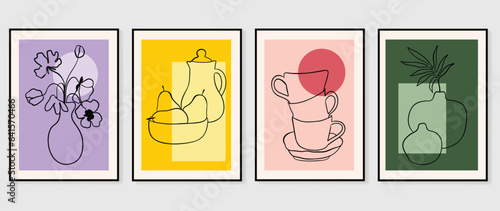Abstract vintage wall art background vector. Collection of organic shapes, fruit, cup, foliage, vase in line art style. Trendy poster set illustration for wall decoration, interior, wallpaper, banner.