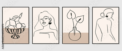 Abstract vintage wall art background vector. Collection of organic shapes, woman portrait, lemon, leaf, foliage, vase, line art. Trendy poster set for wall decoration, interior, wallpaper, banner.