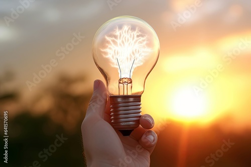 Hand holding light bulb with the text new mindset in front of the bright sun, Generative AI