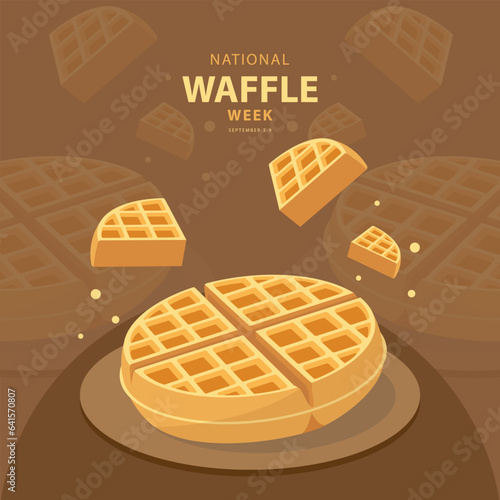 National Waffle Week on september 3-9, with vector illustration slice waffles, whole waffle filled honey on the podium and text isolated on brown abstract background for celebrate National Waffle Week