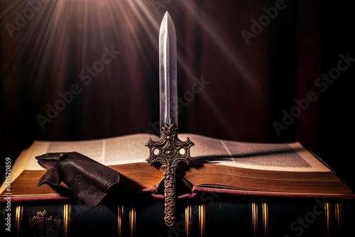 photo of sword and old books over dark background. Medieval period concept, Generative AI