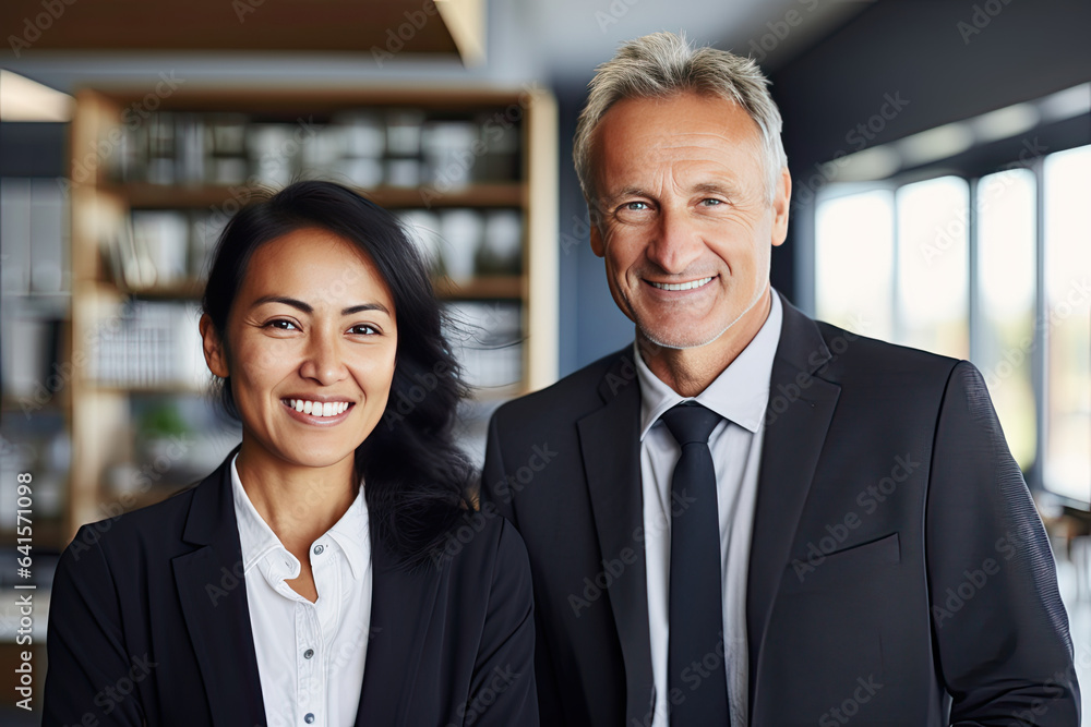 Happy confident professional mature Latin business man and Asian business woman corporate leaders managers standing in office, two diverse colleagues executives team posing together, portrait. Happy confident professional mature Latin business man and Asian business woman corporate leaders managers standing in office, two diverse colleagues executives team posing together, portrait.