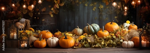 Thanksgiving decorations with pumpkins on rustic wooden planks, generative ai. © inspiretta