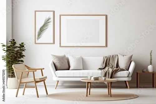 Blank horizontal poster frame mock up in minimal Scandinavian white style living room interior, modern living room interior background, Generative AI