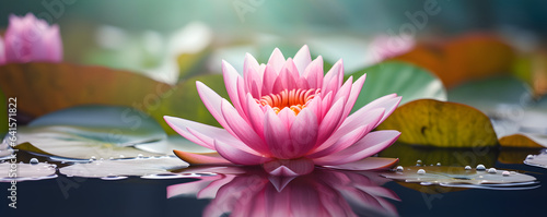 Panel kuchenny z motywem beautiful pink water lily flower with leaves in a pond, beauty in nature concept banner for wellness, cosmetics, recreation, wallpaper decor