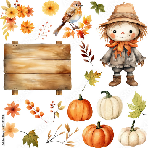 Canvas Print pumpkins and leaves flowers bird wooden sign and scarecrow watercolor vector ill