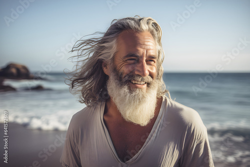 portrait of happy mature man at the beach enjoying life